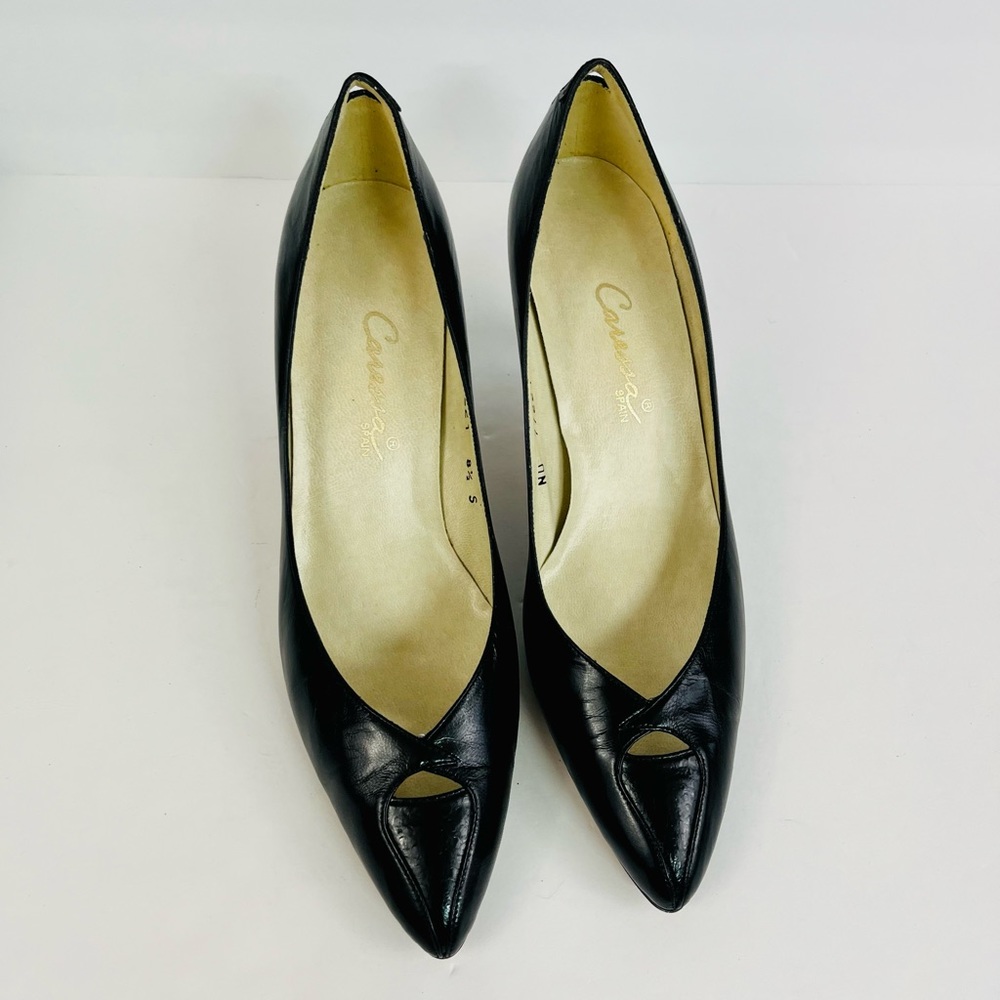 Caressa Vintage “Panic” Black Leather Pointed Toe Open Accent Heels Size 8.5S